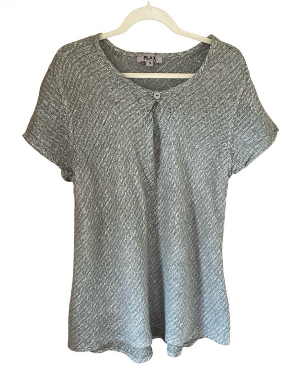 Flax Womens Medium Green 100% Linen Diamond Pattern Short Sleeve Blouse Top S